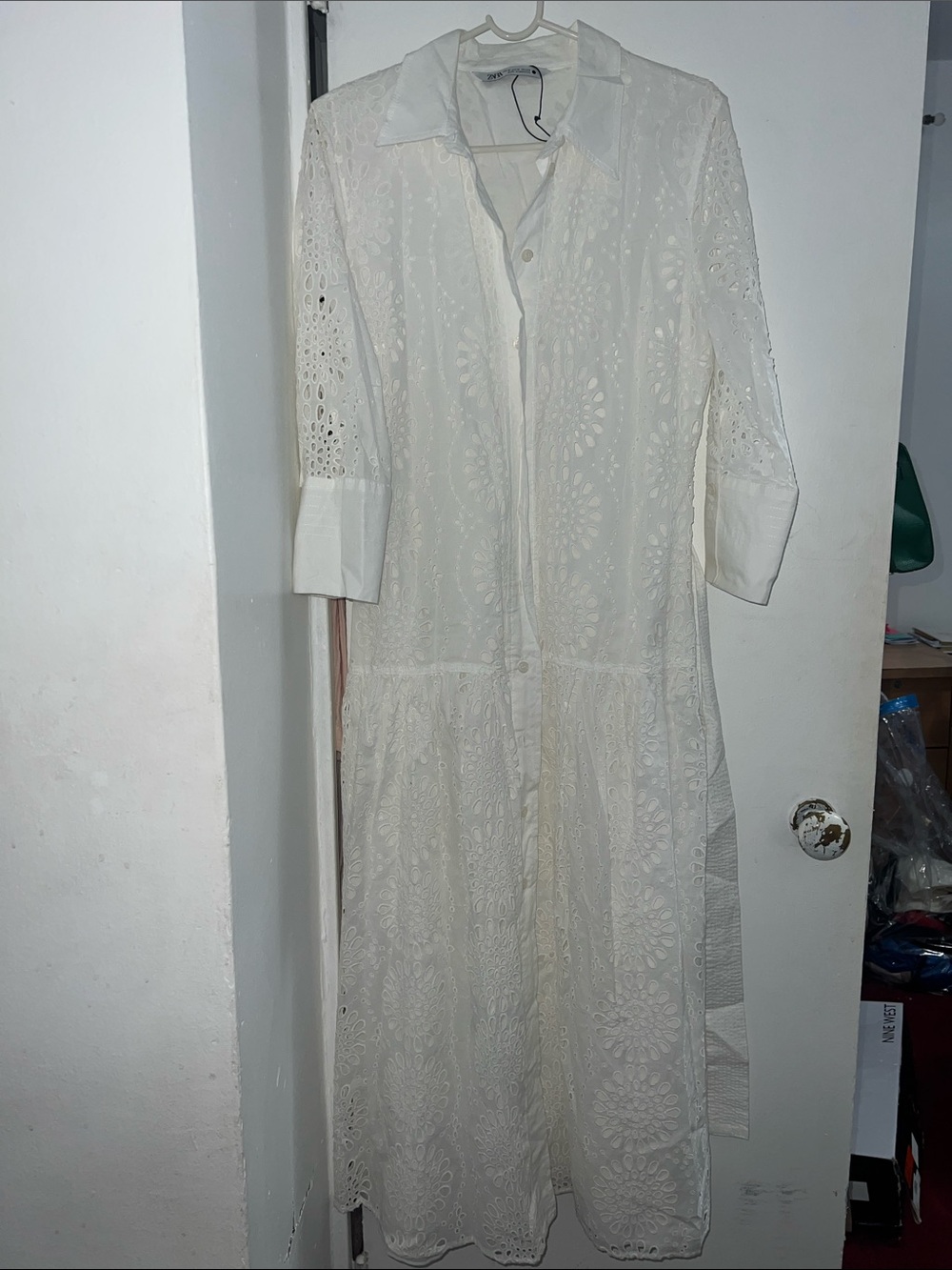 Zara White Eyelet Maxi Shirt Dress